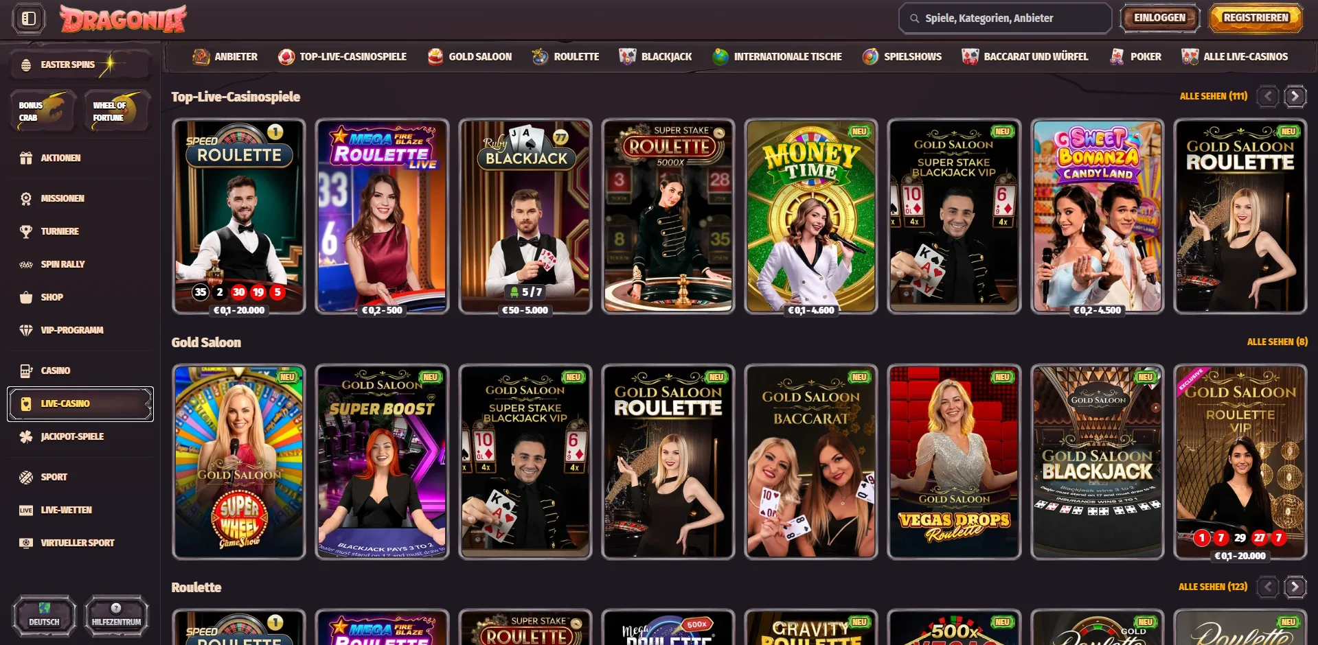 Dragonia Casino Live Casino Screenshot