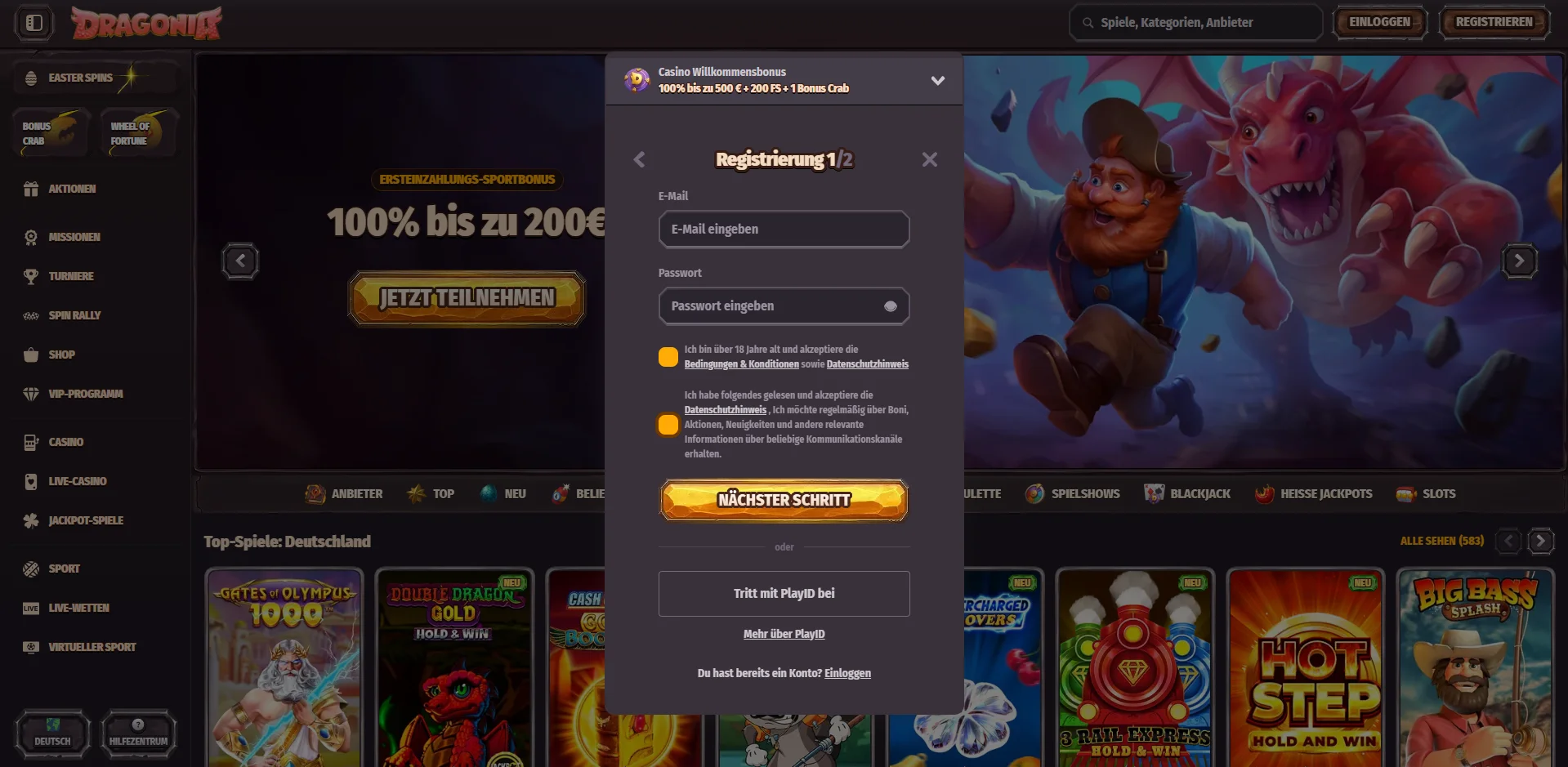 Dragonia Casino RegistrierungScreenshot