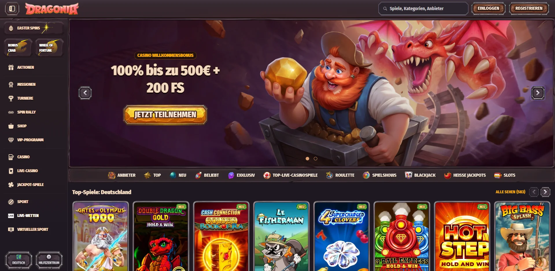 Dragonia Casino Startseite Screenshot