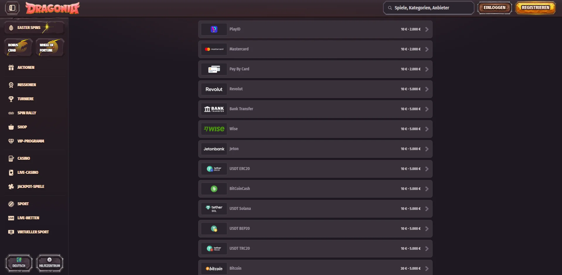 Dragonia Casino Zahlungsoptionen Screenshot