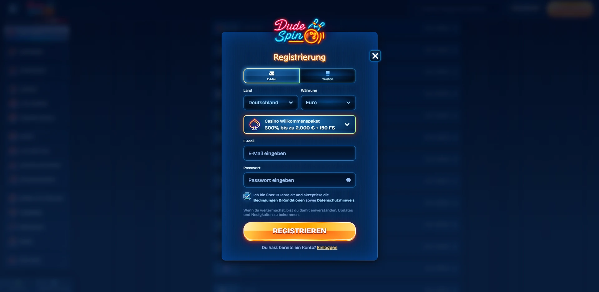DudeSpin Casino Registrierung Screenshot