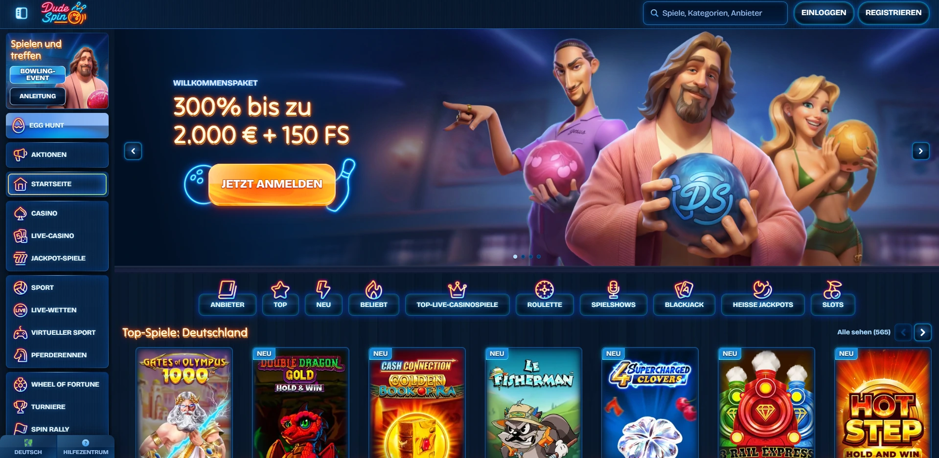 DudeSpin Casino Startseite Screenshot