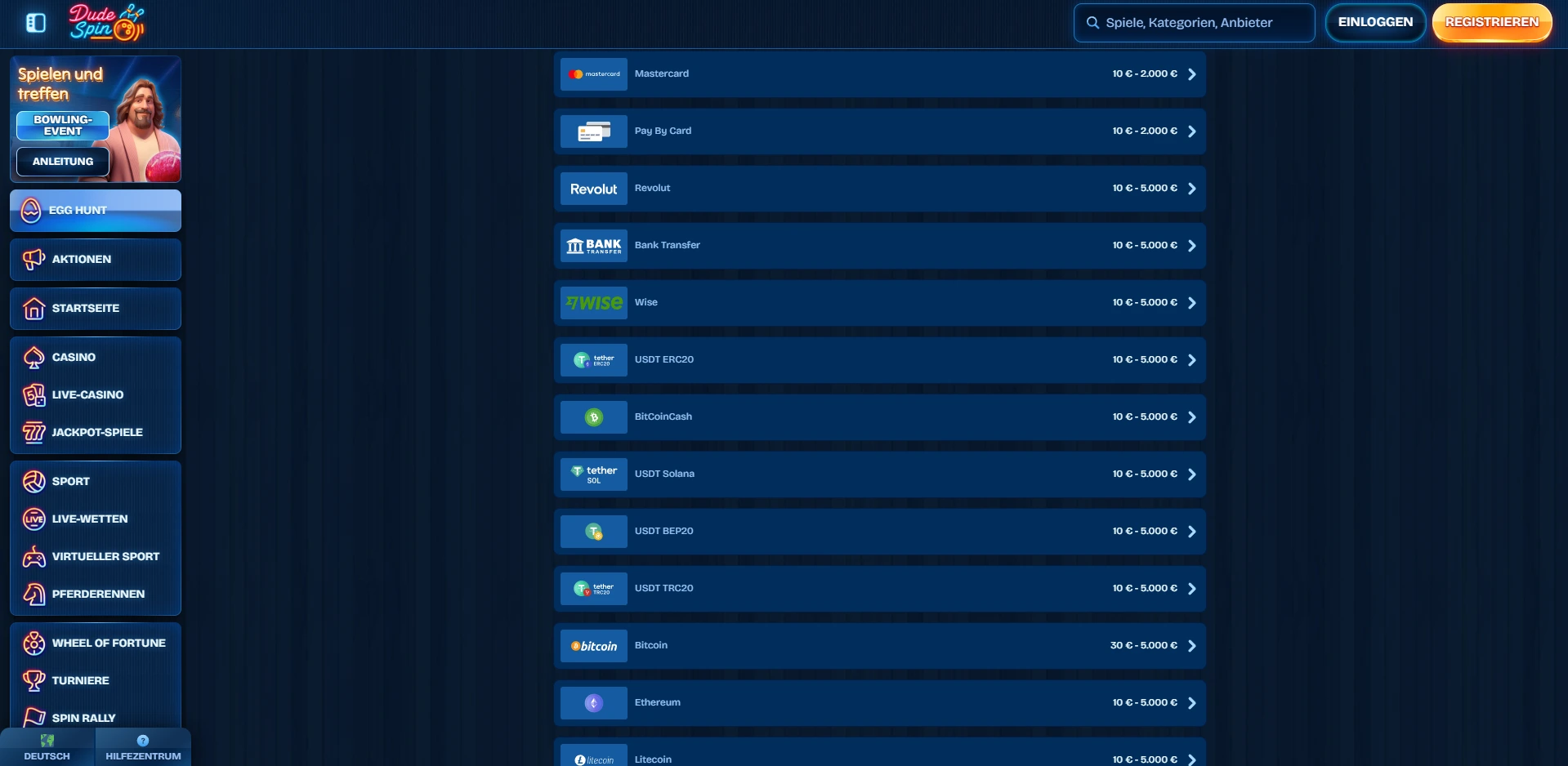 DudeSpin Casino Zahlungsoptionen Screenshot