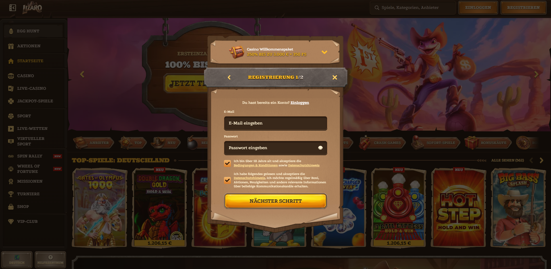 Lizaro Casino Registrierung Screenshot