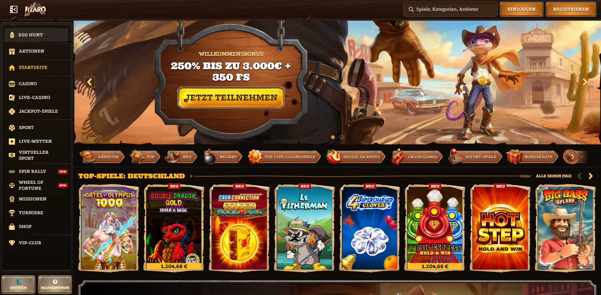 Lizaro Casino Startseite Screenshot