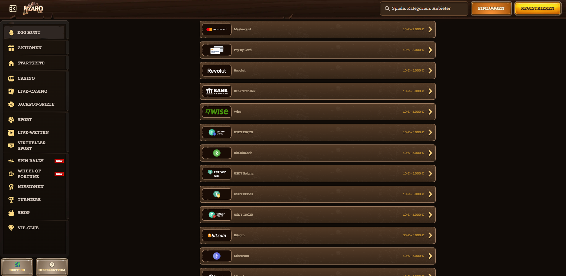 Lizaro Casino Zahlungsoptionen Screenshot