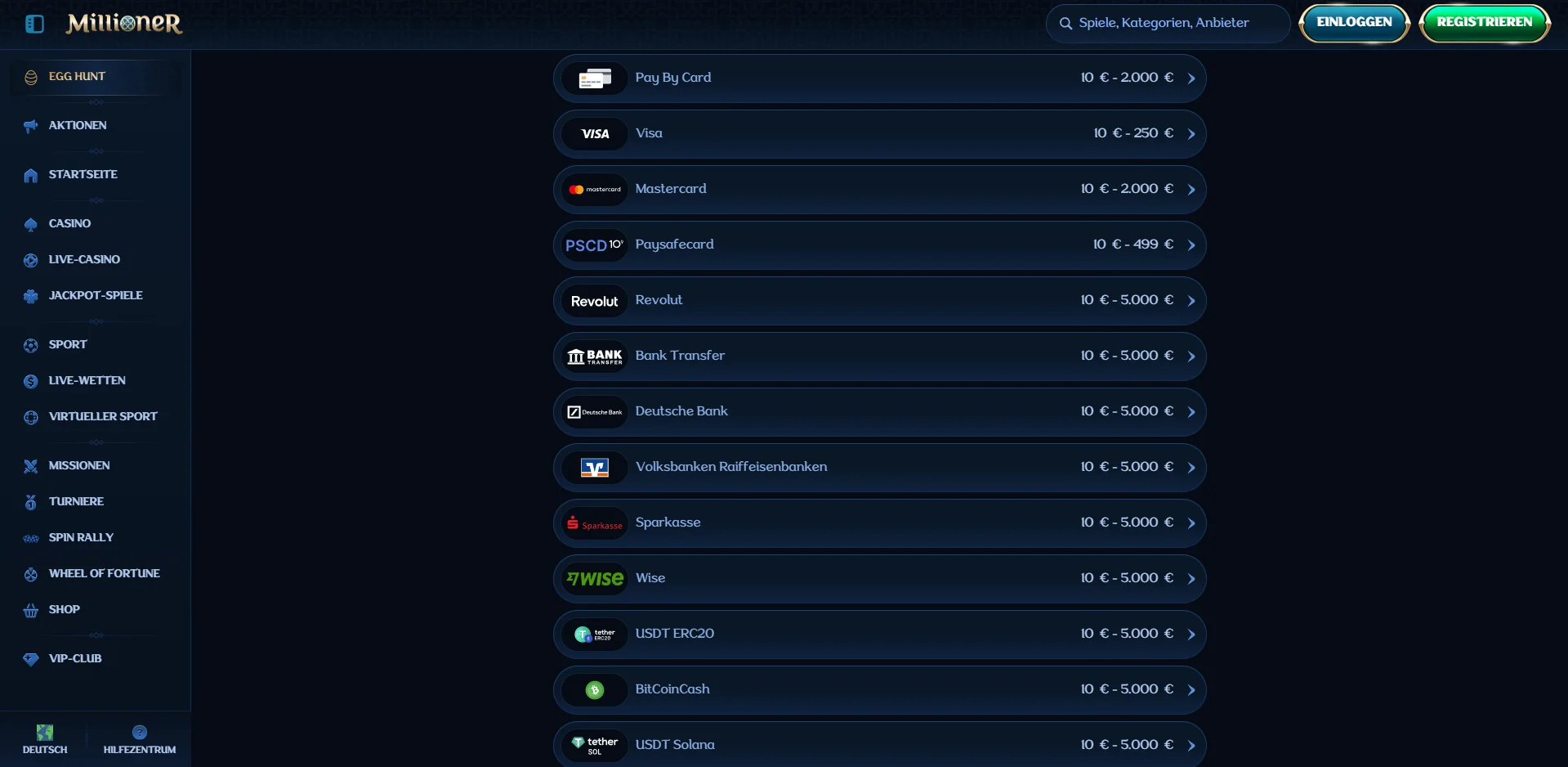 Millioner Casino Zahlungsoptionen
