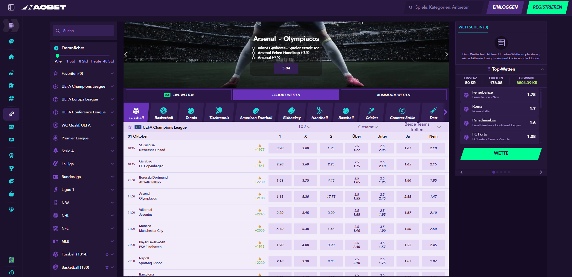 Naobet Sportwetten Angebot