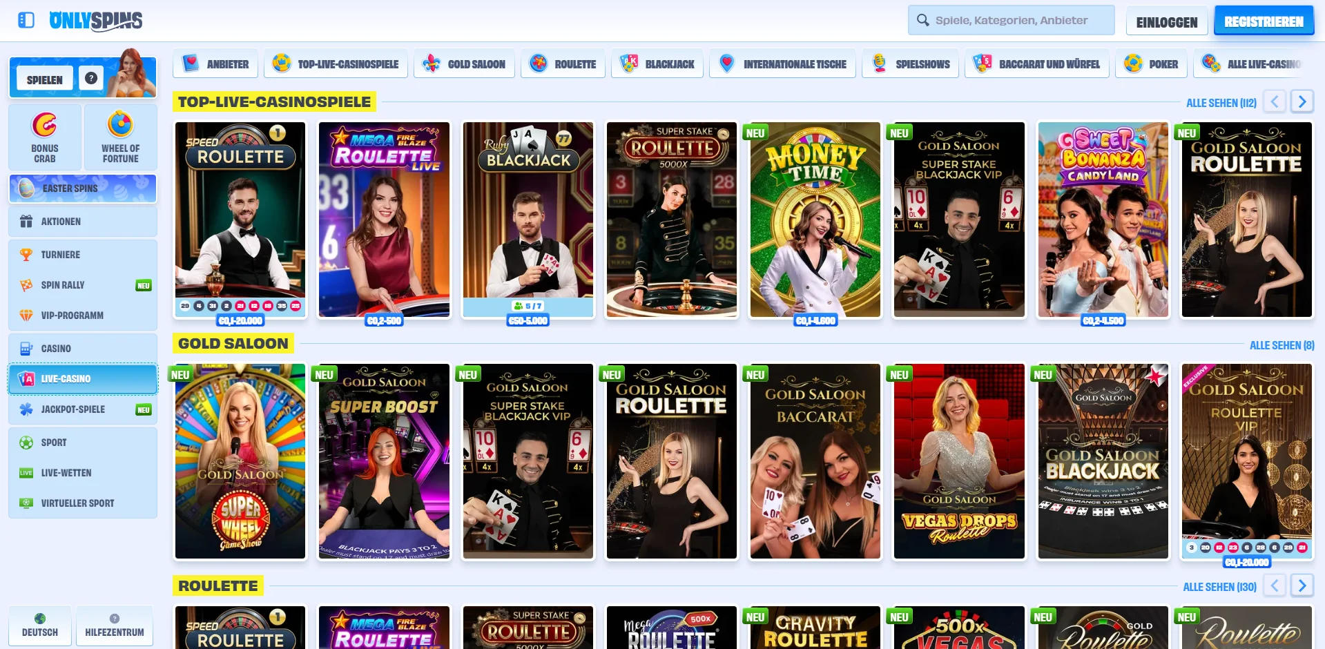 OnlySpins Casino Live Casino Screenshot