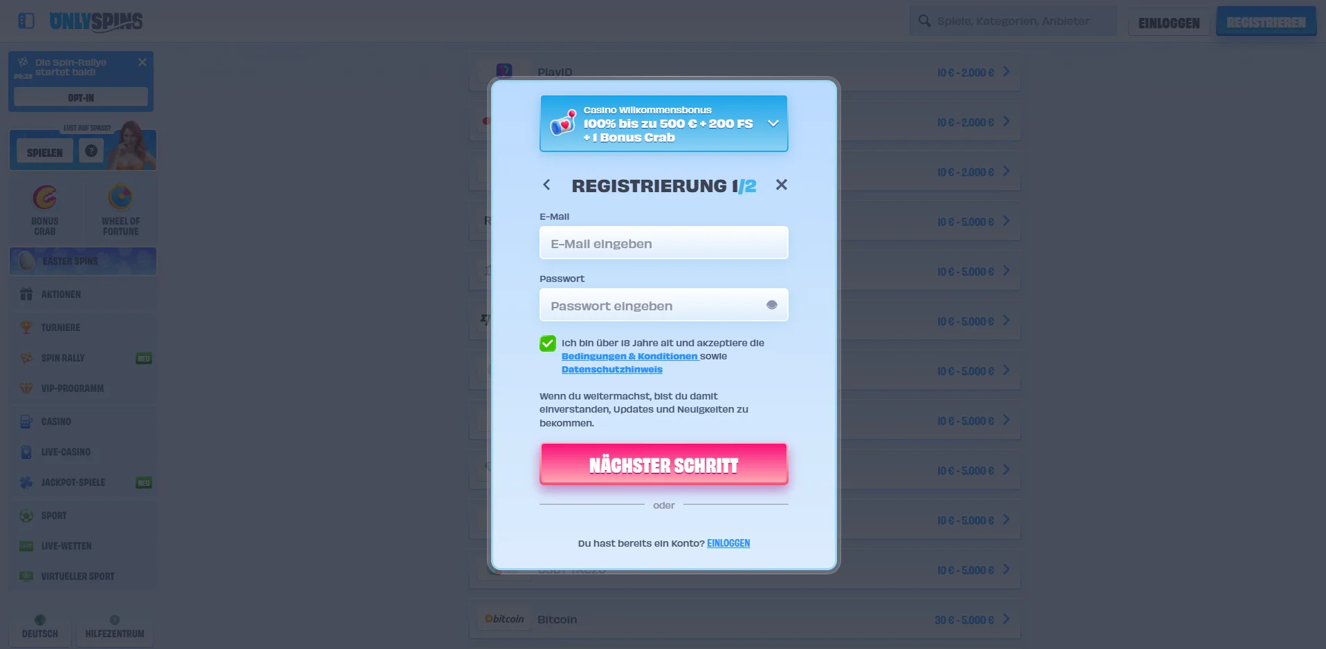 OnlySpins Casino Registrierung Screenshot
