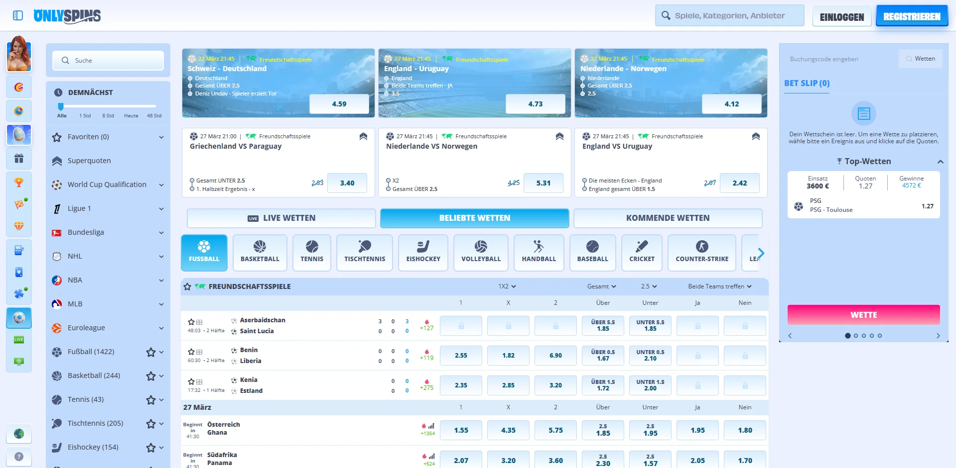 OnlySpins Casino Sportwetten Screenshot