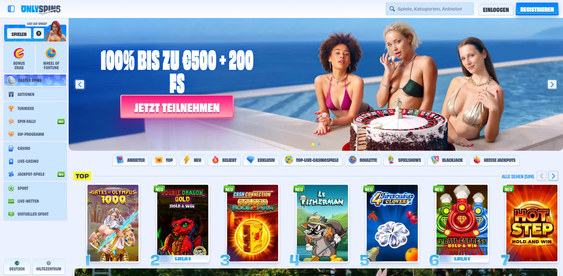 OnlySpins Casino Startseite Screenshot