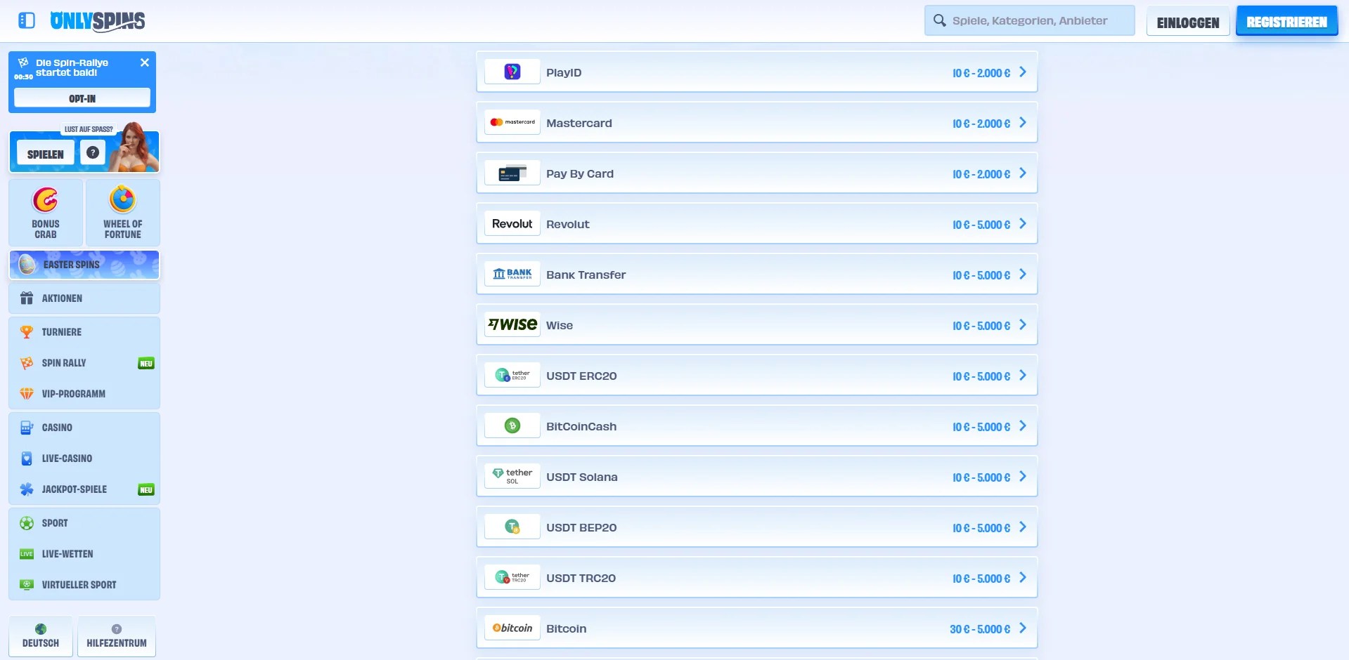 OnlySpins Casino Zahlungsoptionen Screenshot