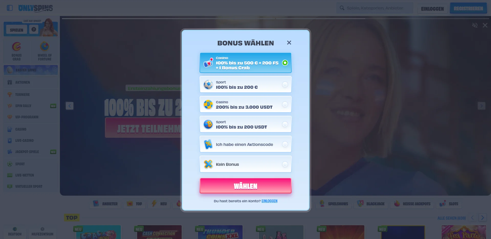 OnlySpins Registrierung Bonusauswahl