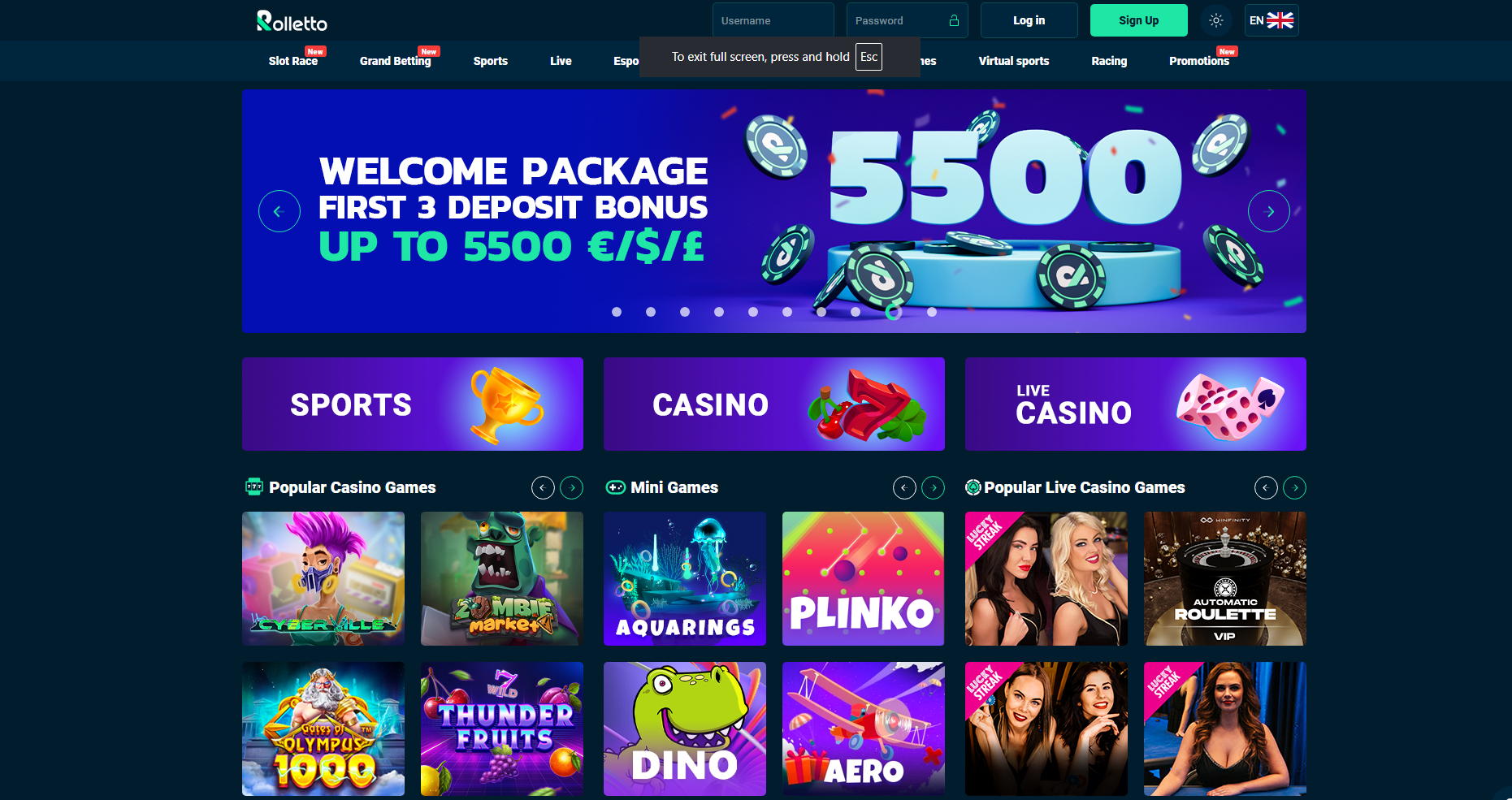 Roletto review- home page