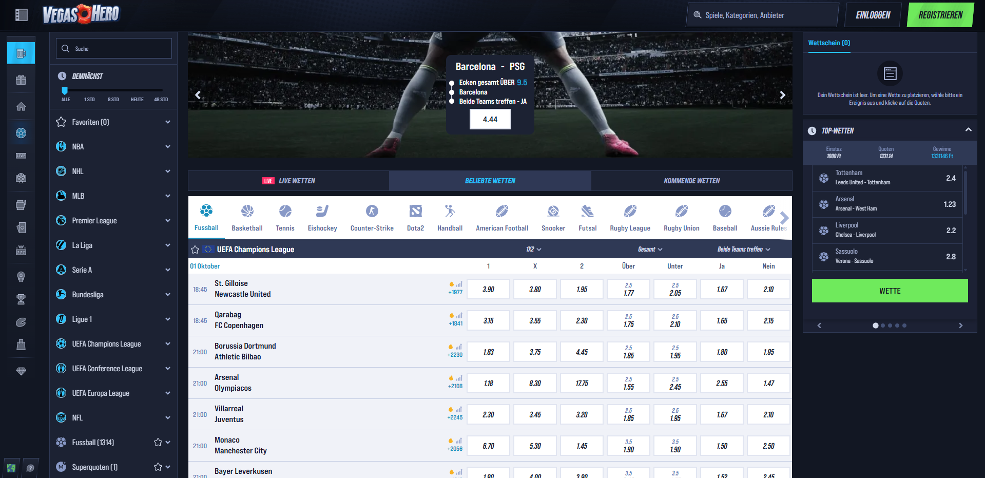 VegasHero Sportwetten Angebot