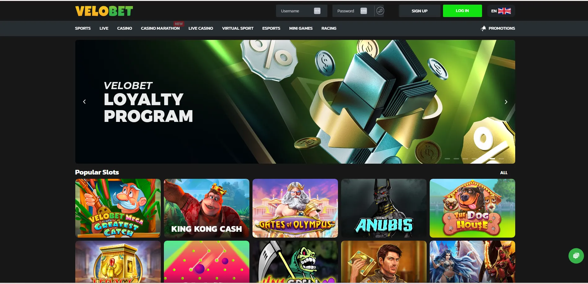 Velobet Casino Homepage