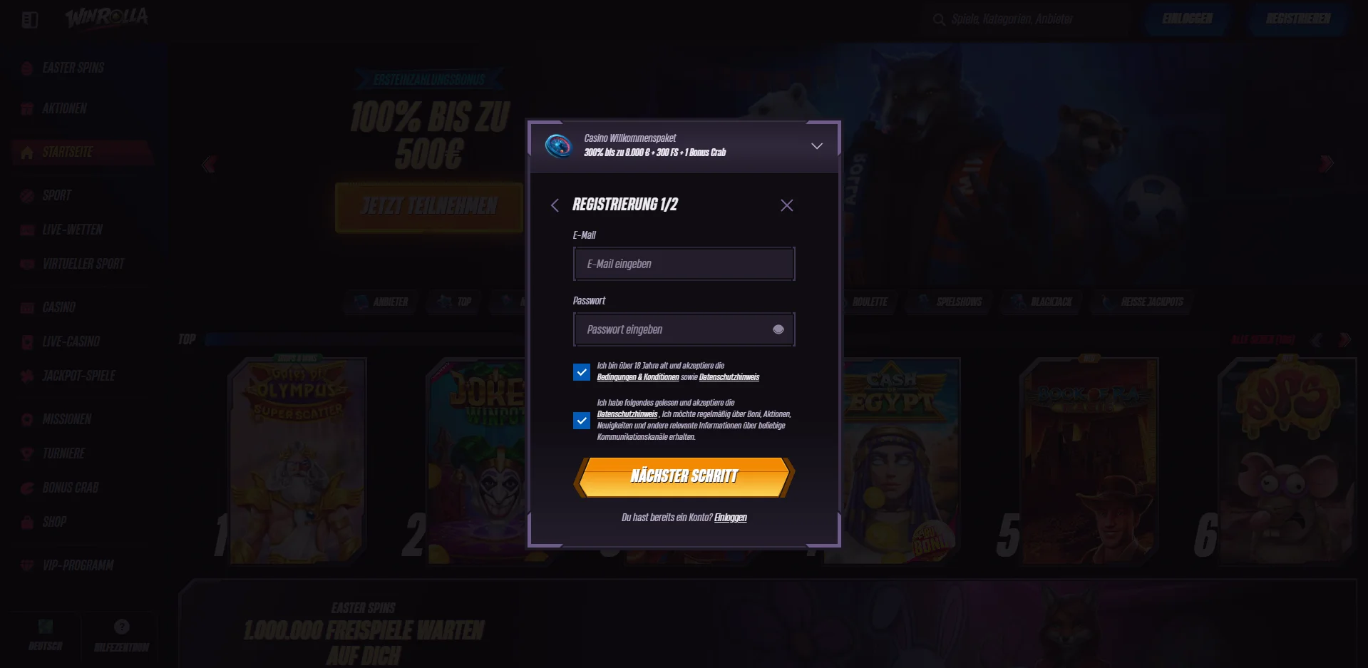 WinRolla Casino Registrierung