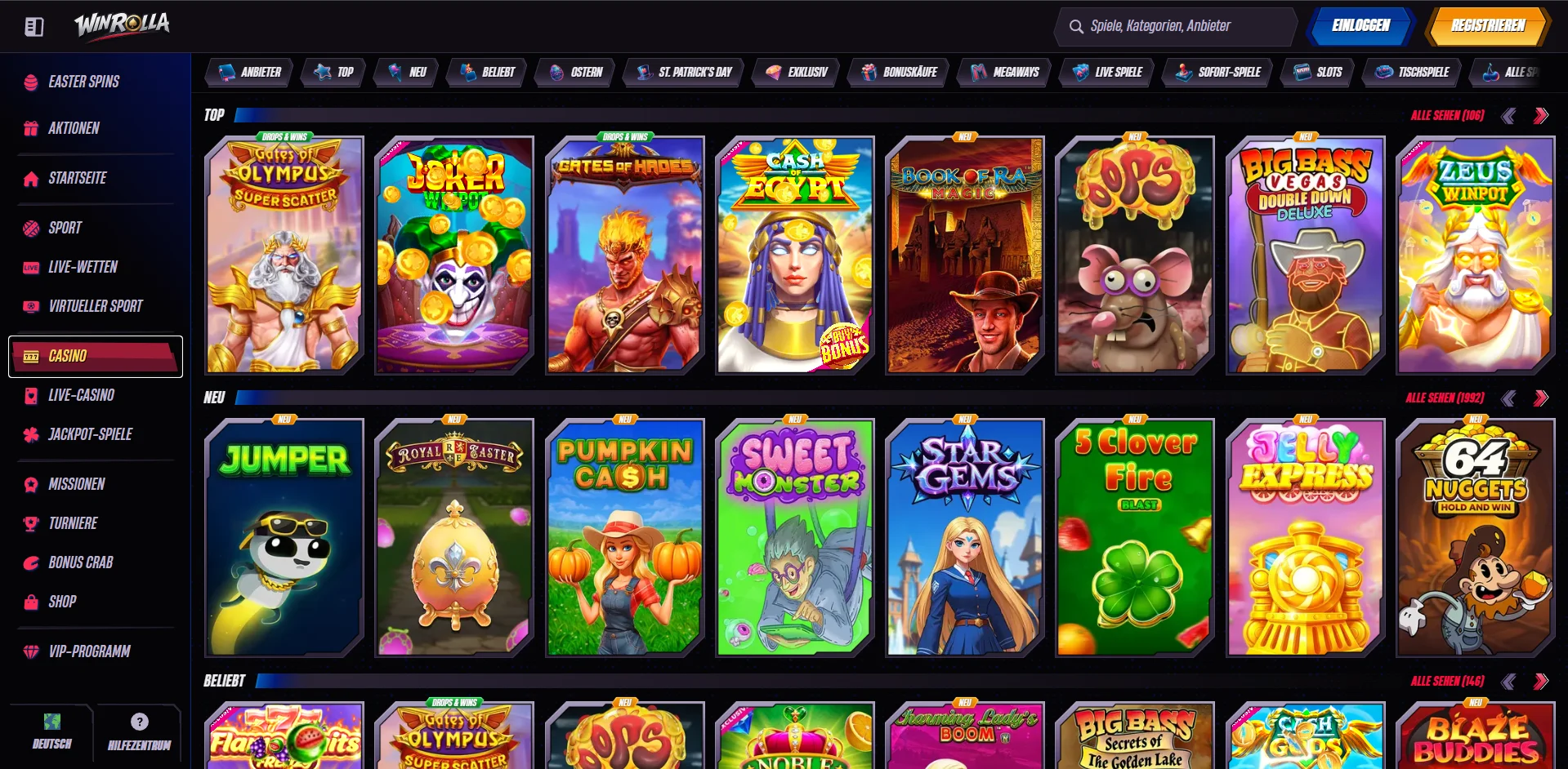 WinRolla Casino Spielauswahl