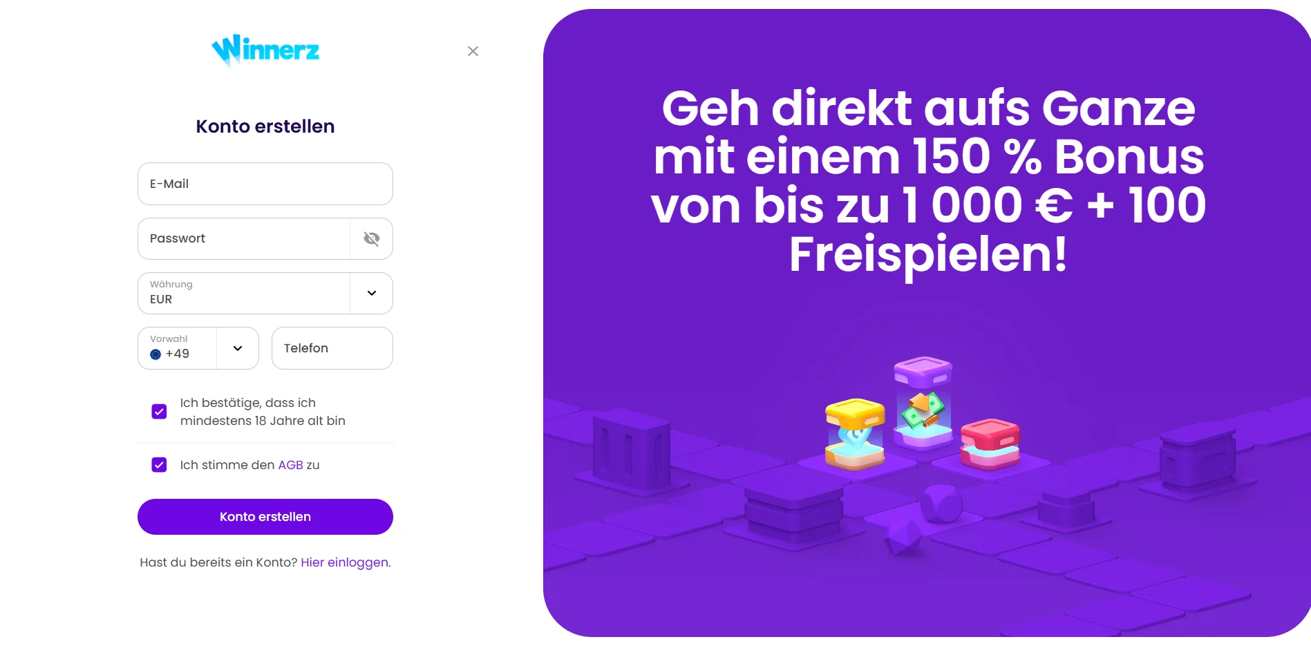 Winnerz Casino Registrierung Screenshot
